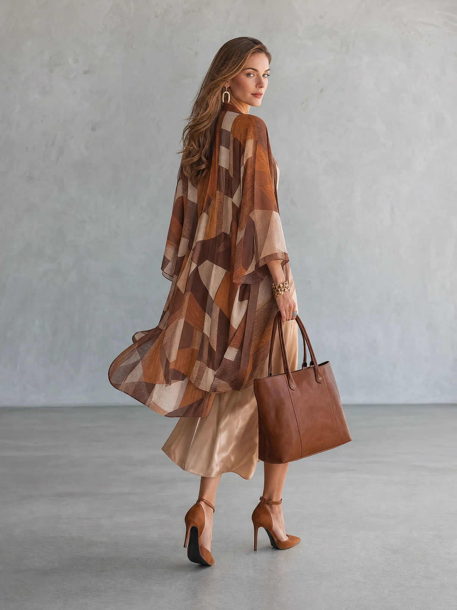 Geometric Print Kimono Cardigan with Satin Slip Dress Two-Piece Set