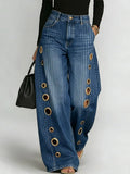 Women's Retro Stripe Print Casual Fashion Cutout Jeans