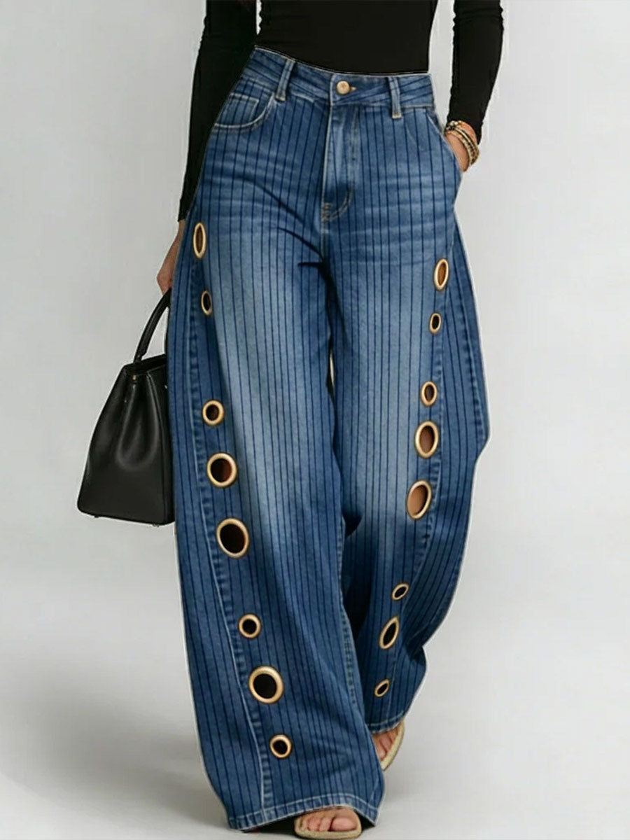 Women's Retro Stripe Print Casual Fashion Cutout Jeans