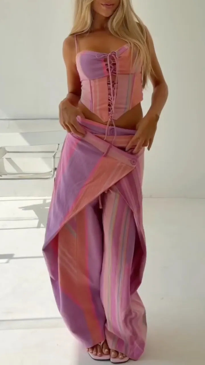 Stripe Corset Top & Wrap Overlay Wide Leg Pants Co‑Ord Set