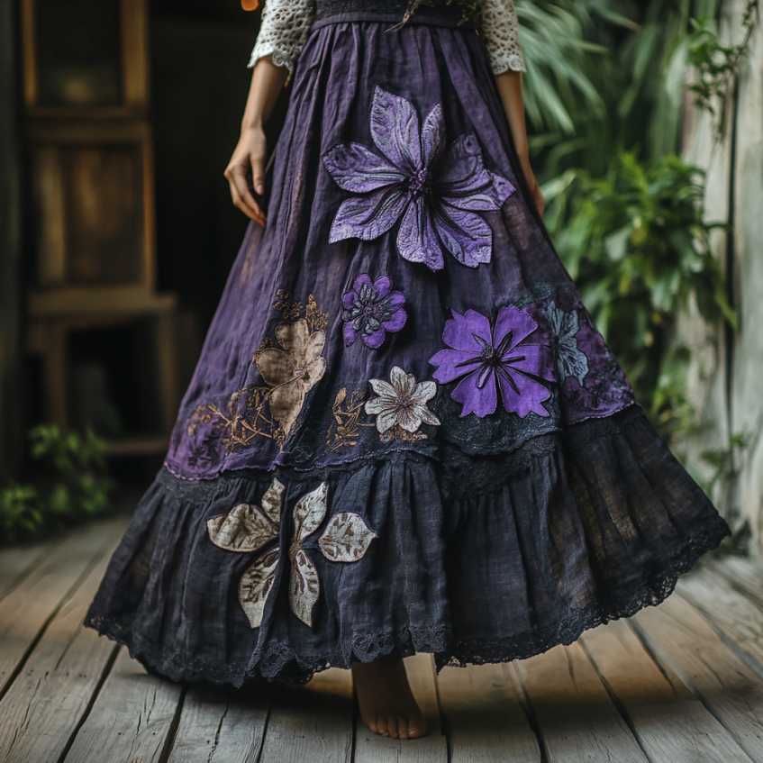 Women's Boho Lavender And Lace Patchwork Embroidered Art Linen Blend Skirt