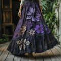 Women's Boho Lavender And Lace Patchwork Embroidered Art Linen Blend Skirt