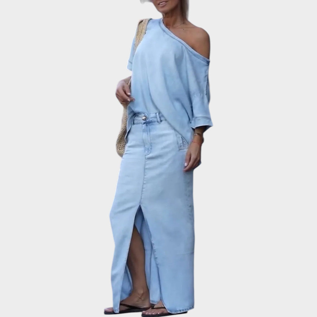 Off-Shoulder Denim Maxi Skirt Set