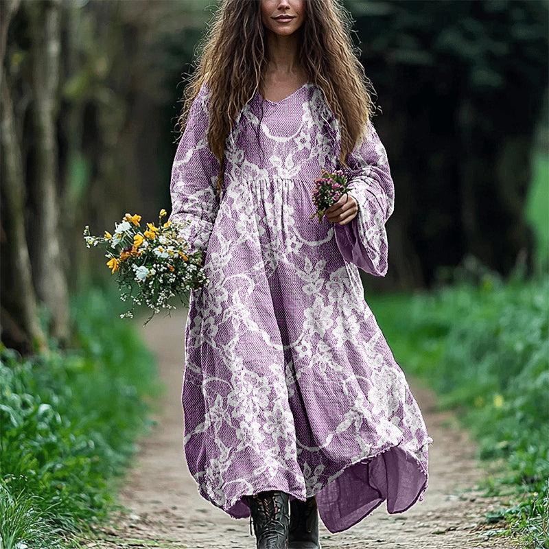 Vintage Floral Lace Linen Blend Flowy Maxi Dress
