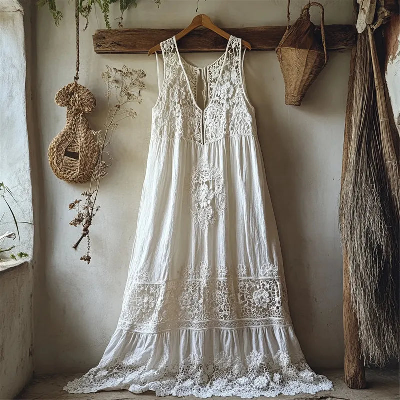 Boho Floral Hollow Lace Patchwork Linen Maxi Dress