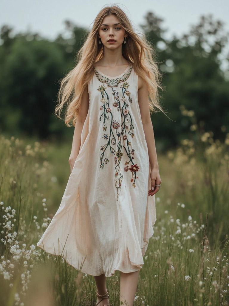 Women's Boho Floral Embroidery Art Linen Tank Dress