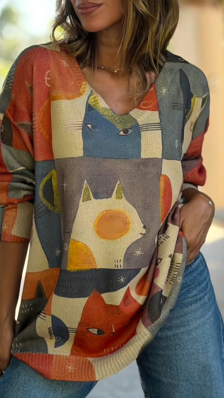 Cartoon Cat Print V-Neck Oversized Knit Top