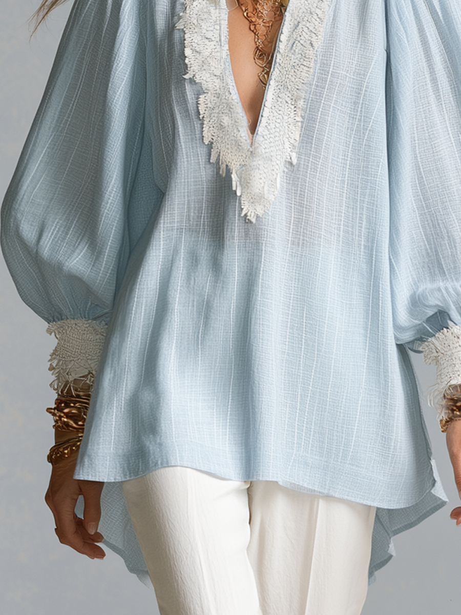 Bohemian Blue Lace-trimmed Shirt