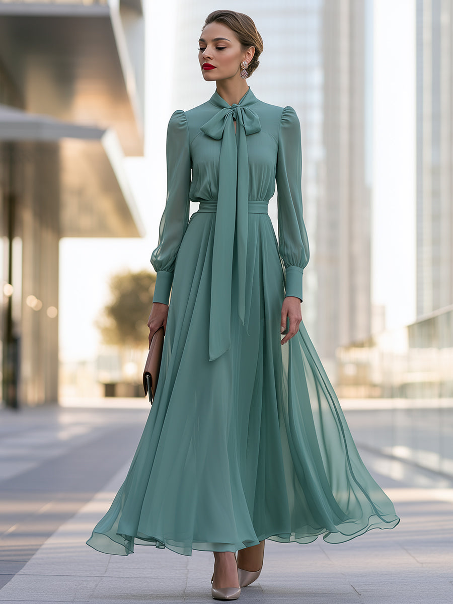 Chiffon Bow-Neck Long-Sleeve Maxi Dress
