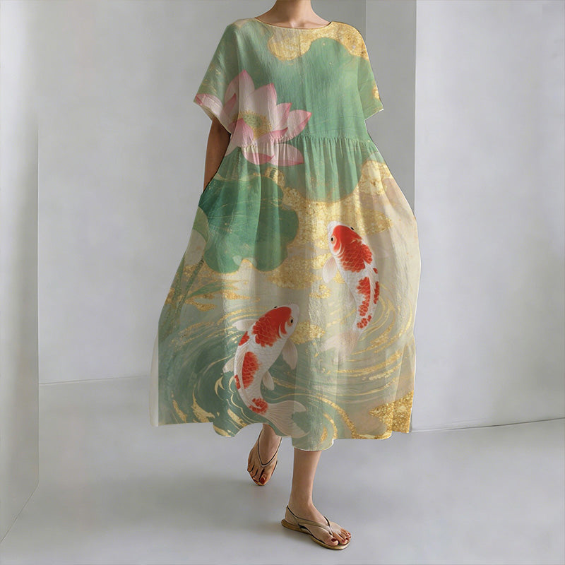 Japanese Style Koi And Lotus Pond Round Neck Casual Dress