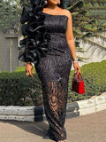 One-Shoulder Falbala See-Through Lace Solid Color Evening Maxi Dress