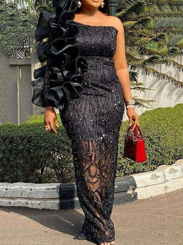 One-Shoulder Falbala See-Through Lace Solid Color Evening Maxi Dress