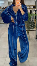 Royal Blue Velvet Striped Tracksuit, 2 Piece  Set