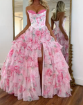 Princess A Line Sweetheart Pink Corset Prom Dress with Ruffles Appliques