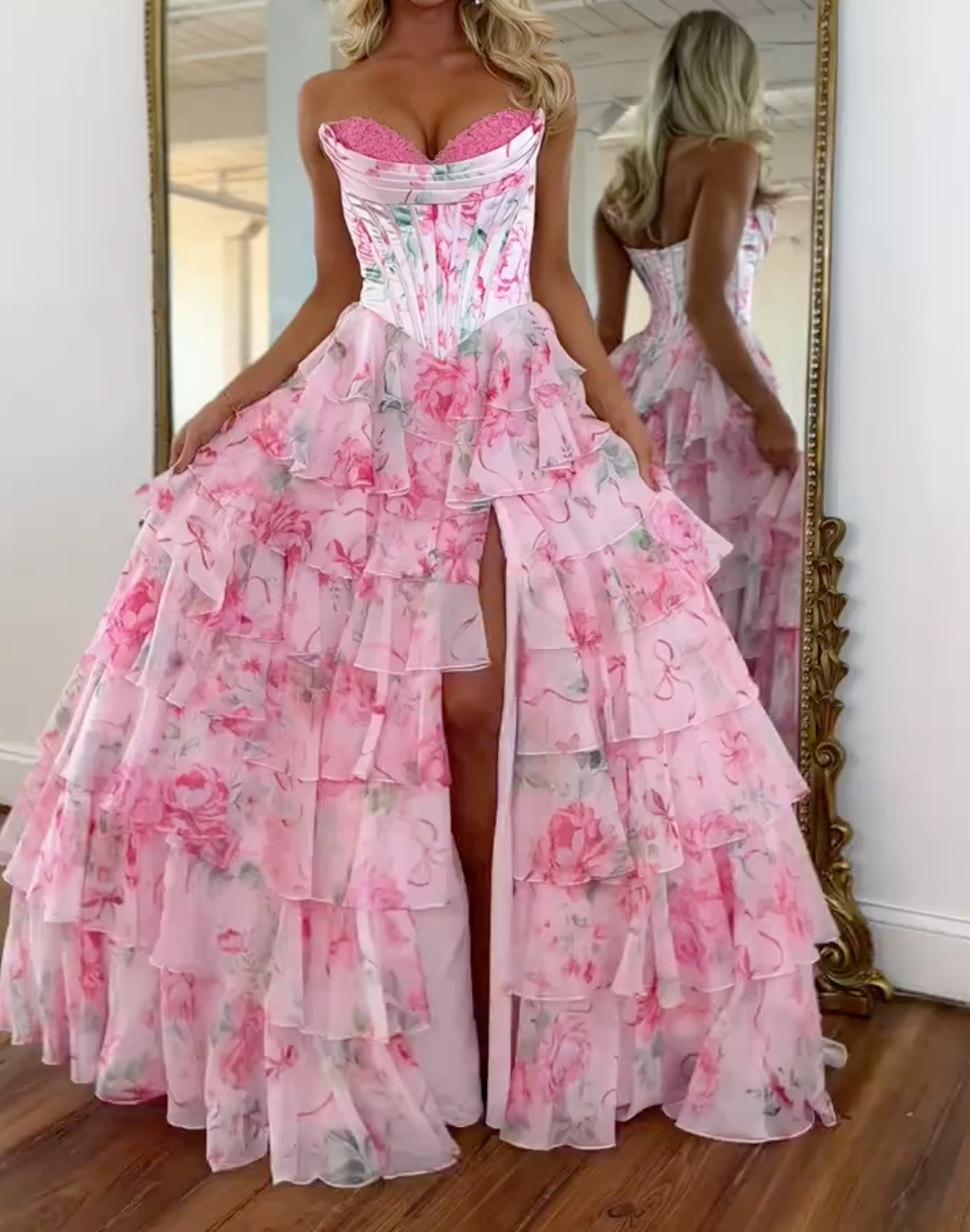 Princess A Line Sweetheart Pink Corset Prom Dress with Ruffles Appliques