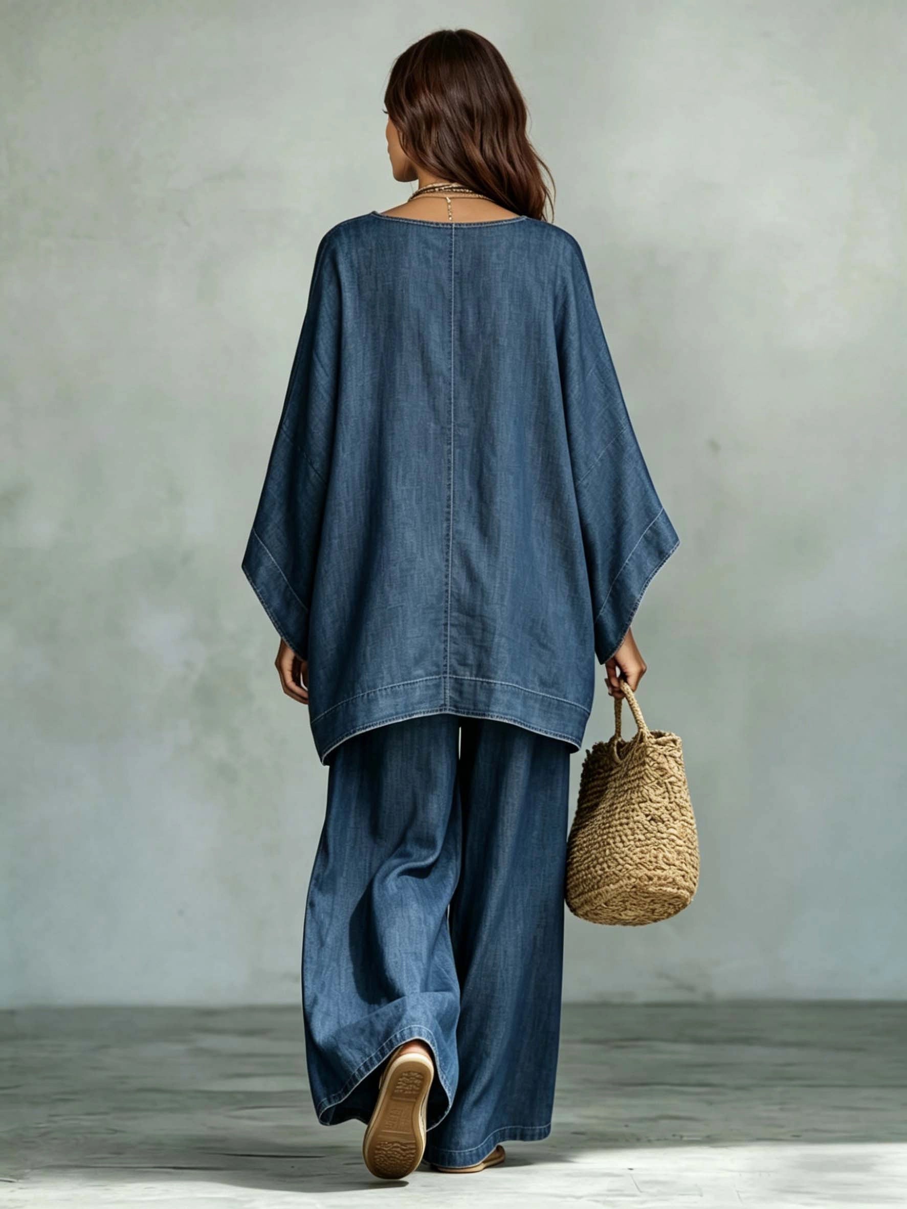 Denim Oversized Top & High‐Slit Wide Leg Pants Co‐Ord Setrd Set