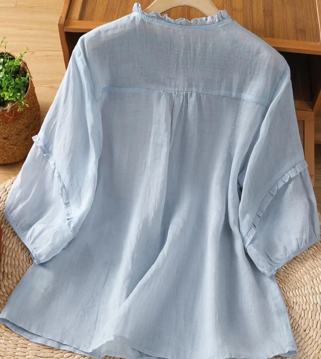 Cotton-linen Shirt With Ruffled Trim, Embroidery, Stand Collar, And Half Sleeves