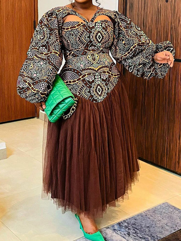 Floral Printed Hollow Long Sleeves Puff Sleeves Round-Neck Maxi Dresses