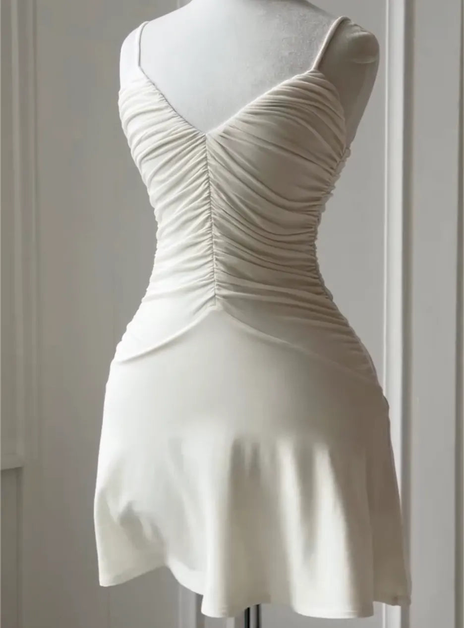 Spaghetti Strap V Neck Front Ruched Flare Hem Mini Dress, White Slim Casual Party Evening Gown