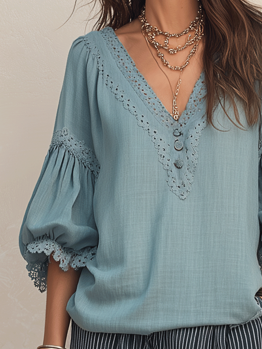 Bohemian Lace Trim Resort Dusty Blue Peasant Blouse