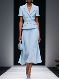 Women Light Blue Tweed Pleated Buckle Lapel Collar Short Sleeve Dressy Top With Skirt Two-Piece Set
