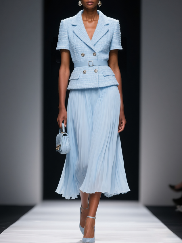 Women Light Blue Tweed Pleated Buckle Lapel Collar Short Sleeve Dressy Top With Skirt Two-Piece Set