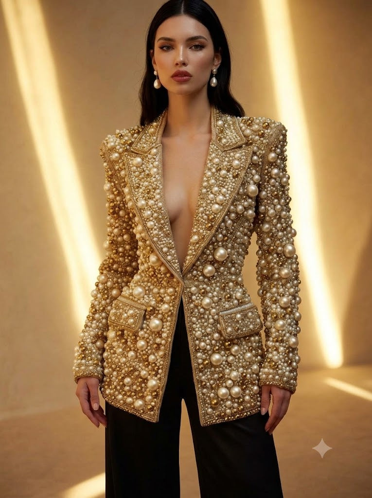 Luxury Heavy Pearl Beaded Blazer Jacket for Women | Glam Fashion
