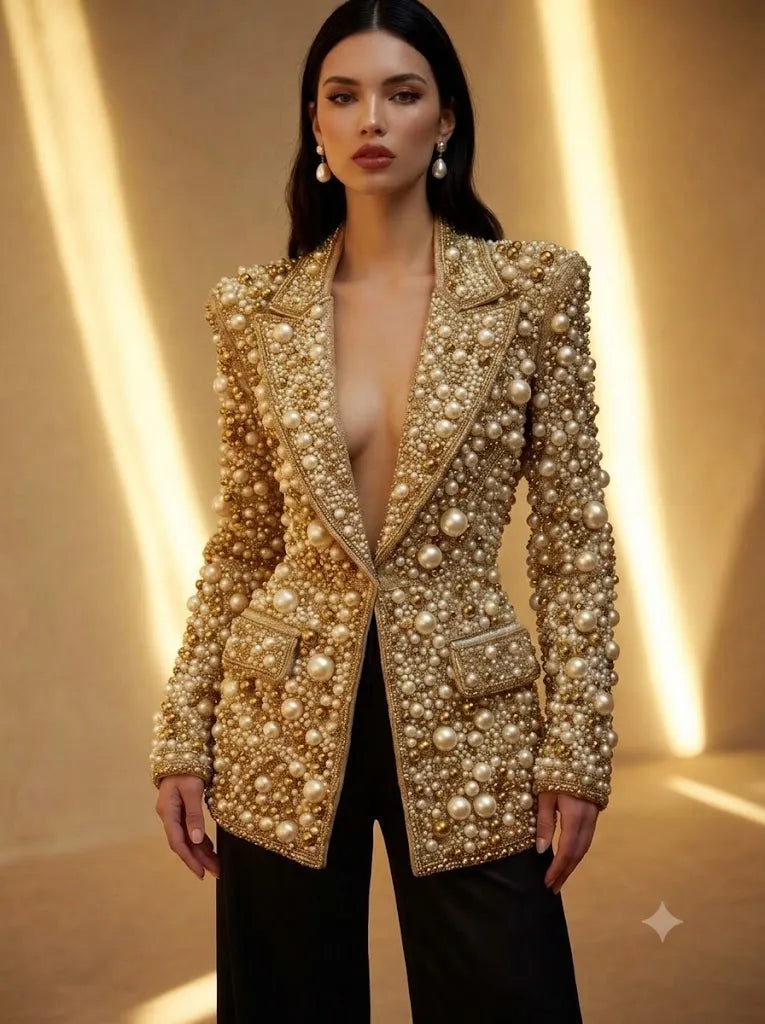 Luxury Heavy Pearl Beaded Blazer Jacket for Women | Glam Fashion