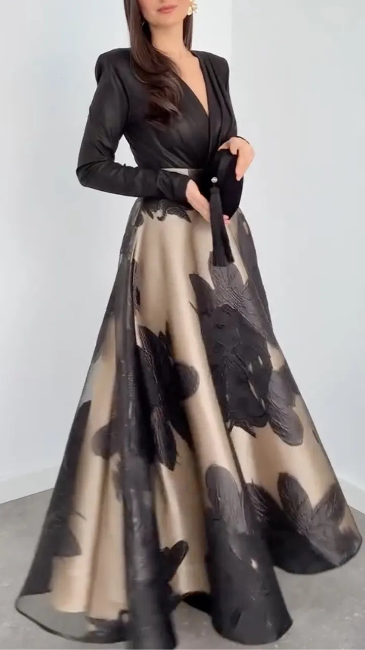 Black Beige Floral Print Maxi Dress