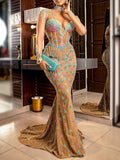 Sexy Stand Collar Embroidered See-Through Wrap Evening Maxi Dress