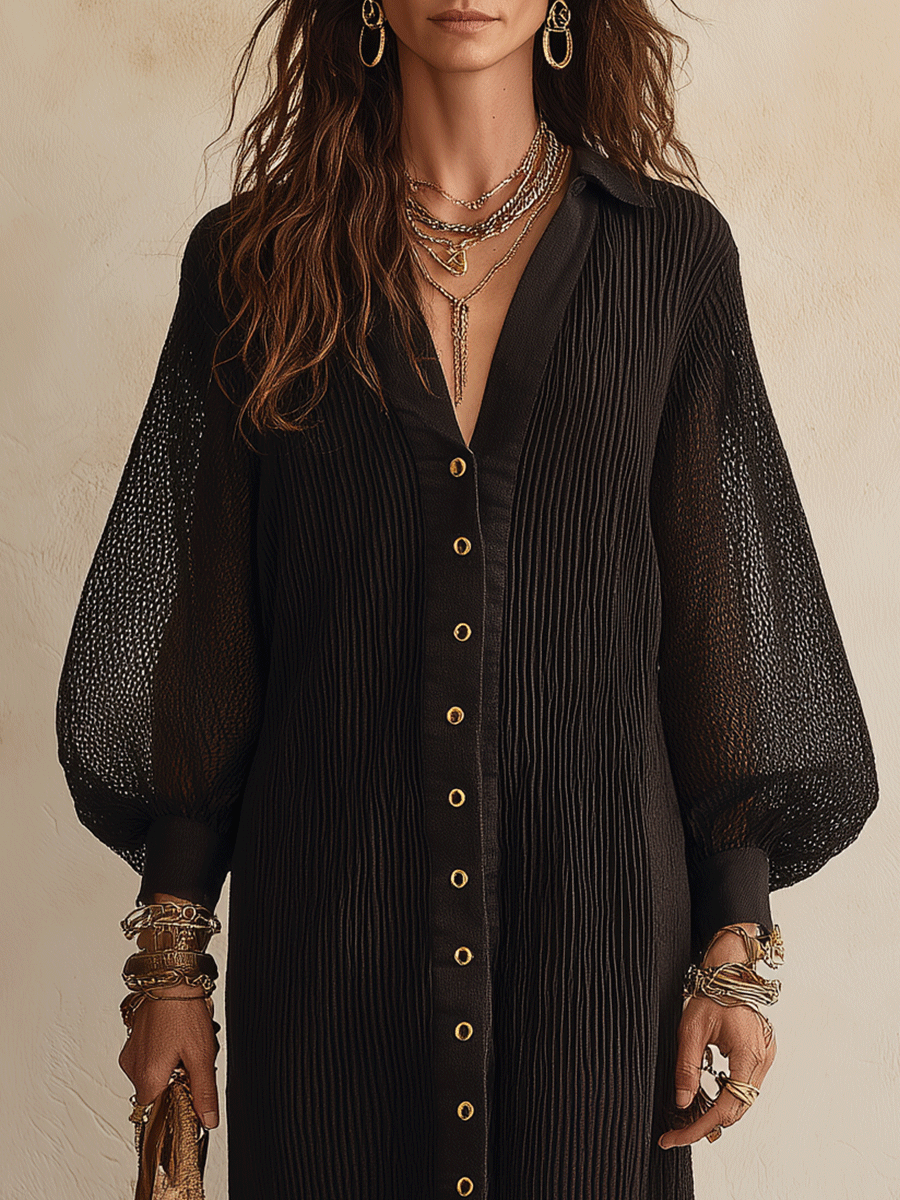 Bohemian Sheer Black Mesh Button-Front Midi Shirt Dress