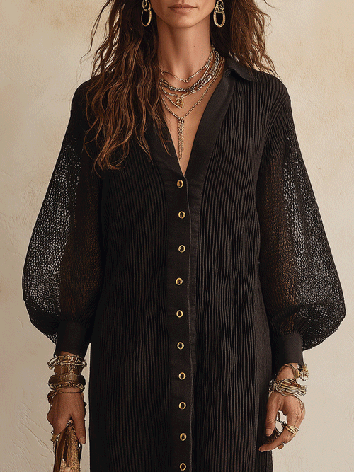 Bohemian Sheer Black Mesh Button-Front Midi Shirt Dress