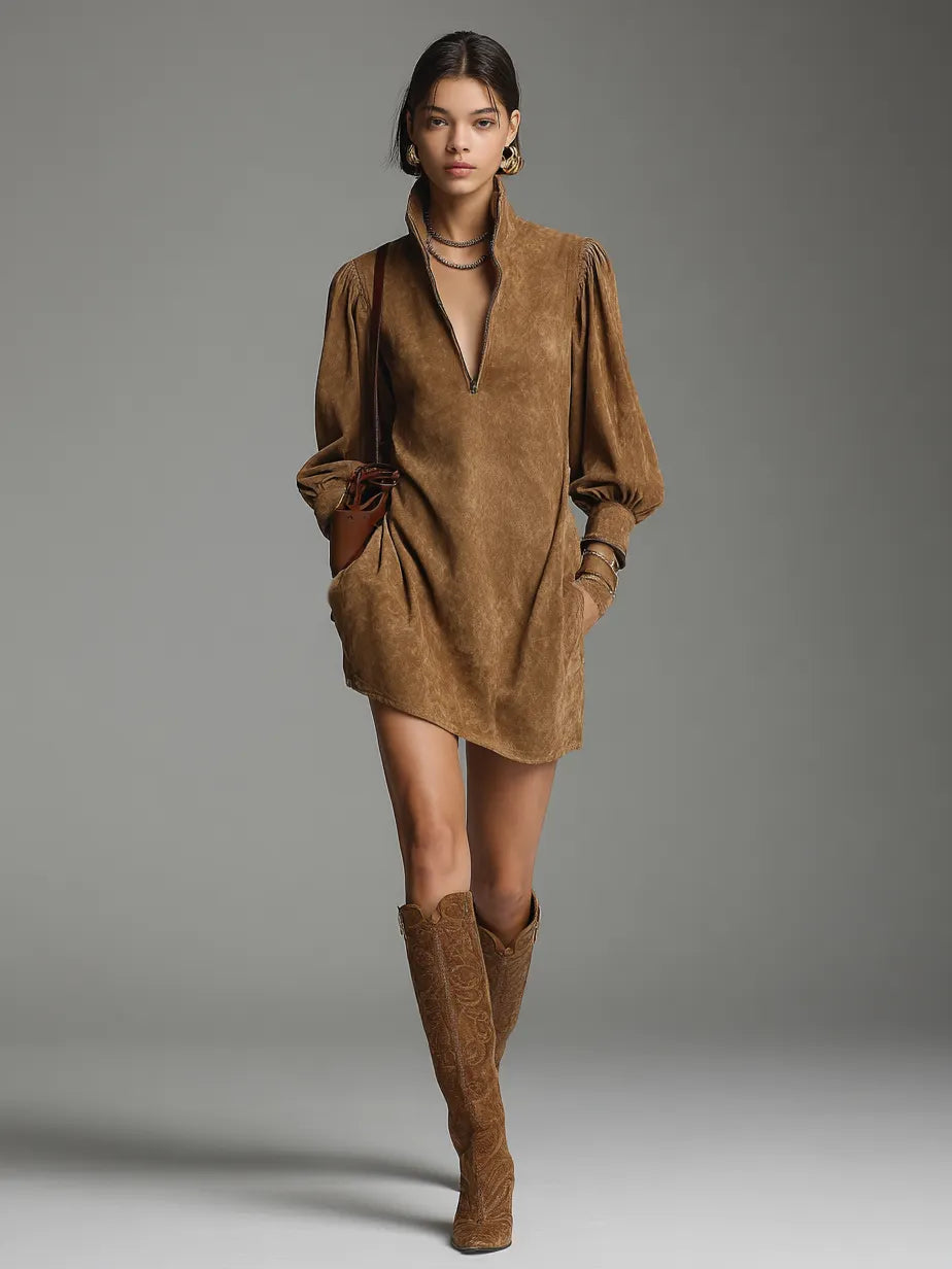 Women's Fashion Loose Suede Zipper Turtleneck Mini Dress MDA2738H7Y