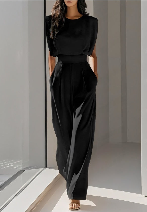 Women's Elegant High-Waist Jumpsuit - Wrinkle-Free Sleeveless Wide Leg Romper with Pockets