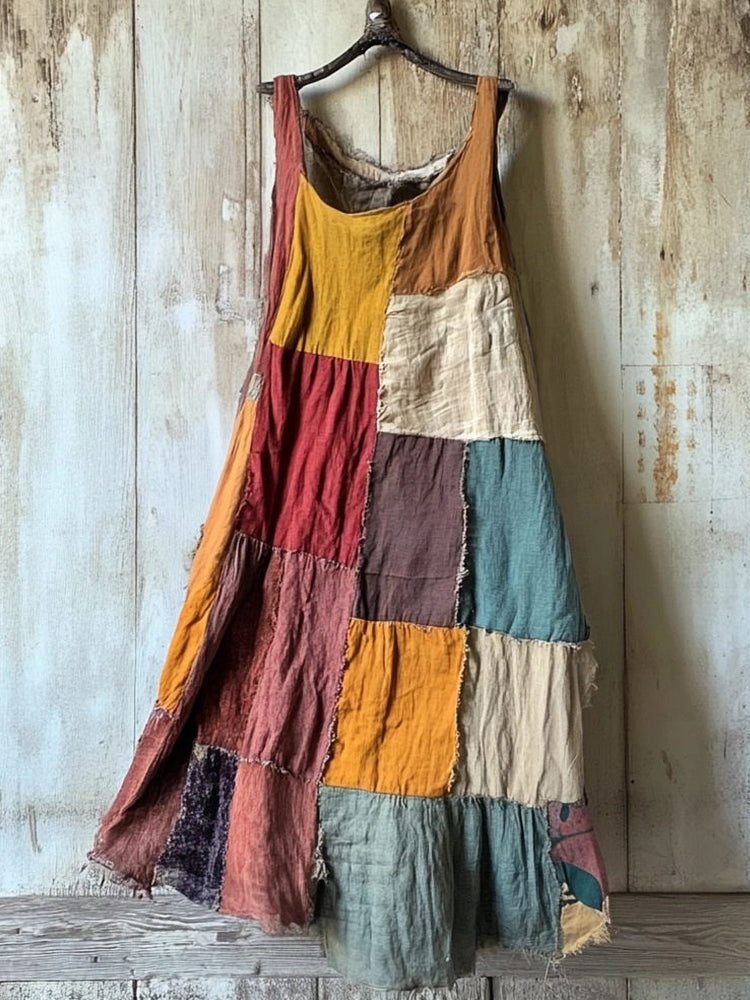 Multicolor Patchwork Art Linen Blend Vintage Dress fa4b