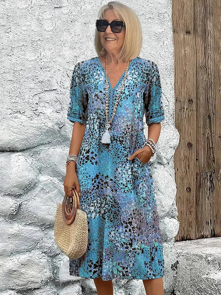Vacation DRESS Women's Short Sleeve Summer Leopard Lace Dress V Neck Daily Going Out Casual Knee Length A-Line Khaki