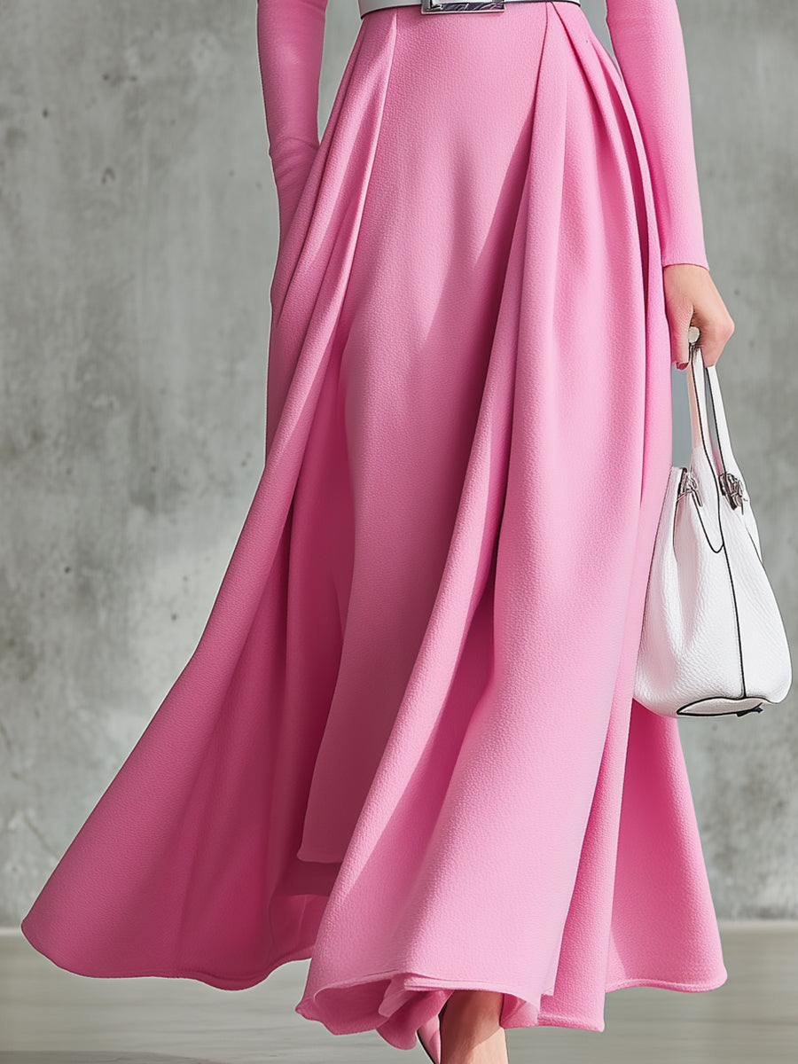 Elegant Pink High Collar And Large Skirt Maxi Dress