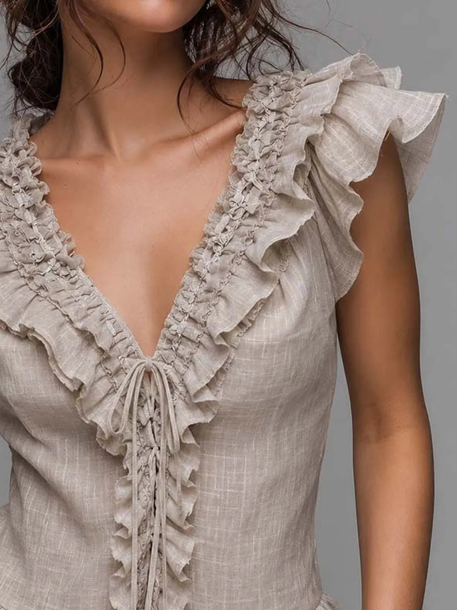 Bohemian Beige Linen-Blend Ruffled Lace-Up Peplum Top