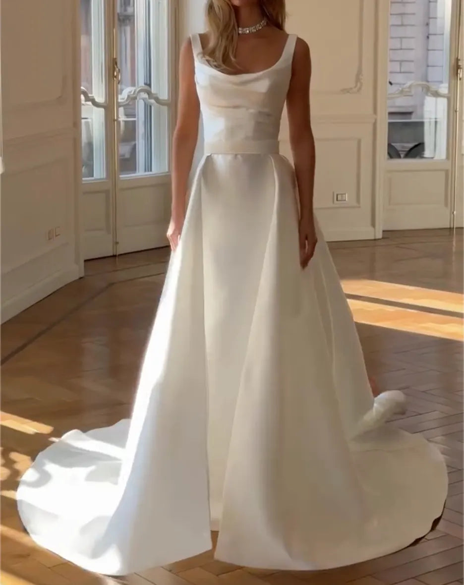 Scoop Neck Satin Detachable Overskirt Wedding Dress Spaghetti Strap A Line Bridal Gown With Front Slit