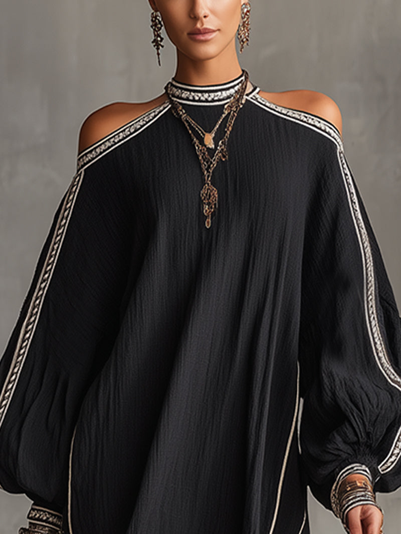 Boho Embroidered Trim Lantern Sleeve Dress
