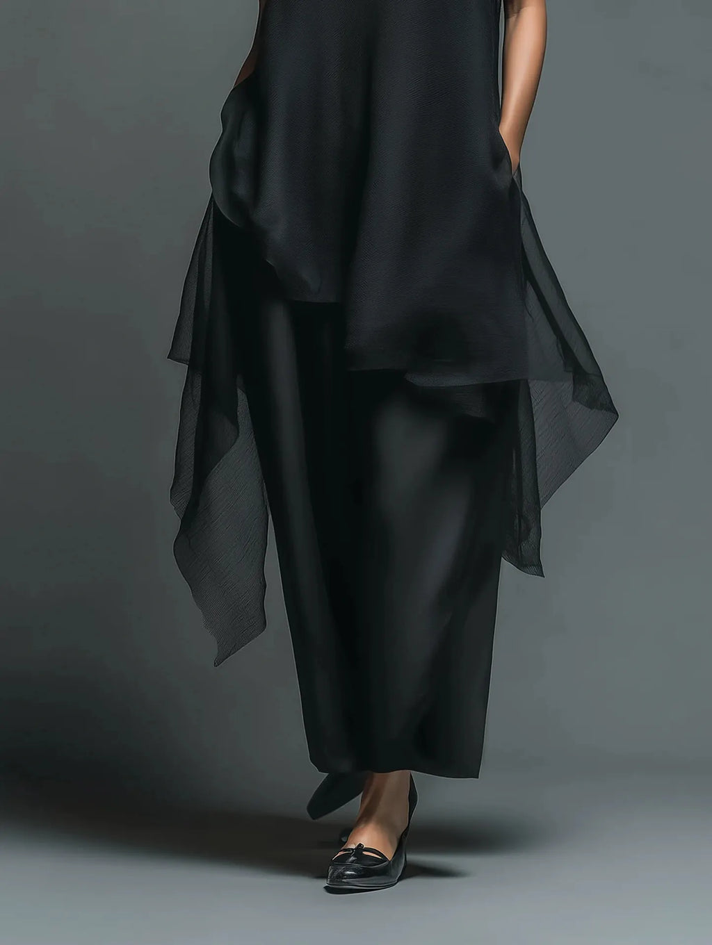 Dadihouse Avant-Garde 2-Piece Set - Sheer Mesh Layered Chiffon Maxi Dress in Midnight Black