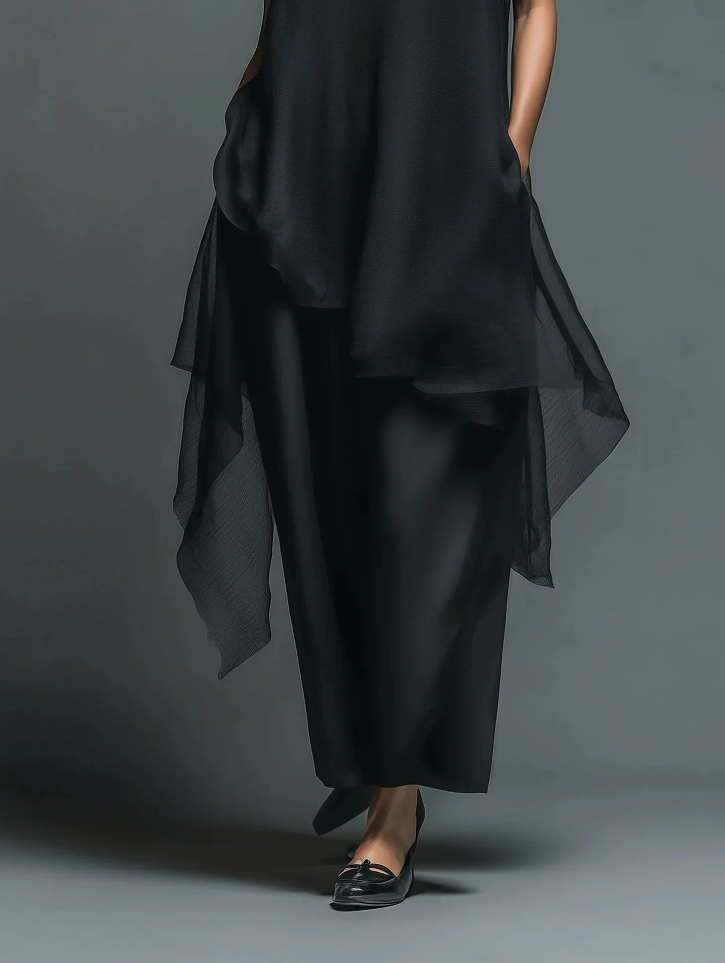 Dadihouse Avant-Garde 2-Piece Set - Sheer Mesh Layered Chiffon Maxi Dress in Midnight Black