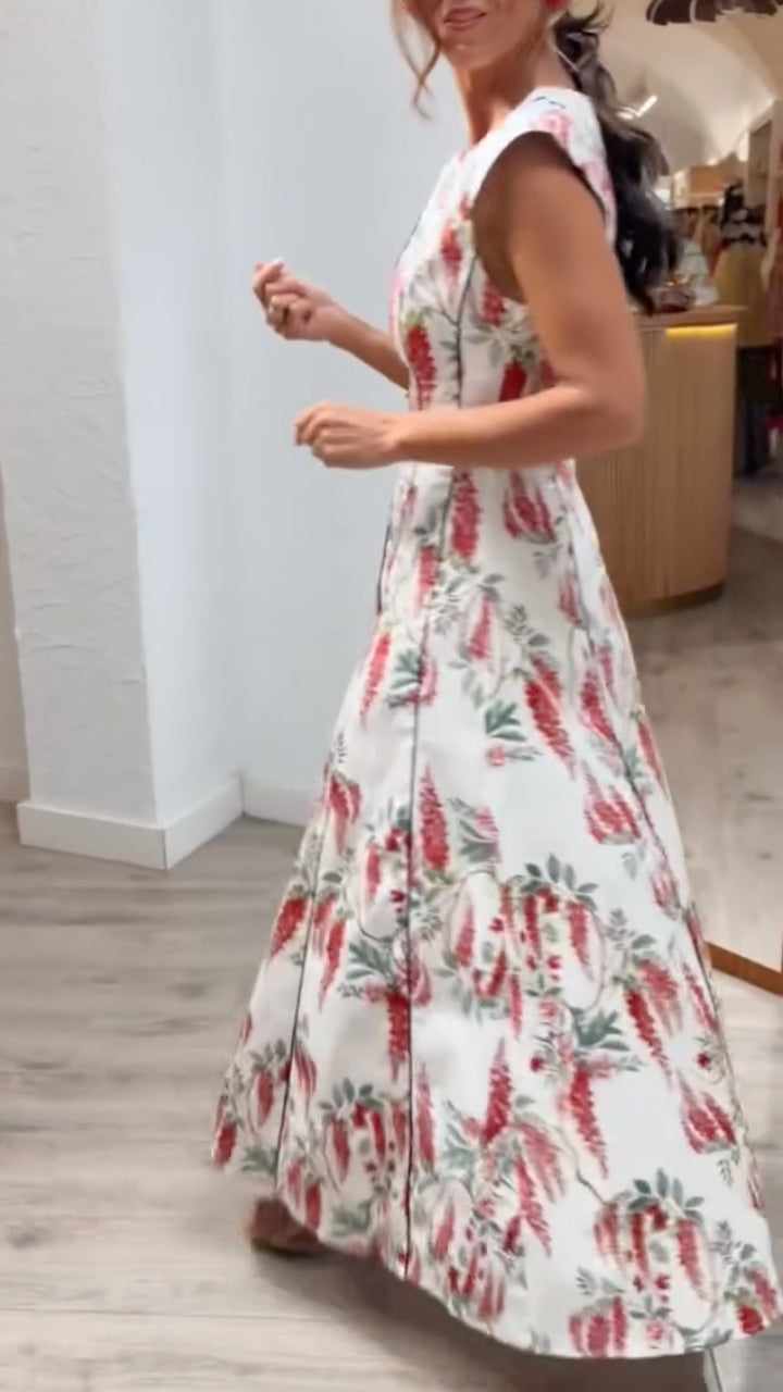 Women's Round Neck Rattan Flower Print Sleeveless Maxi Dress