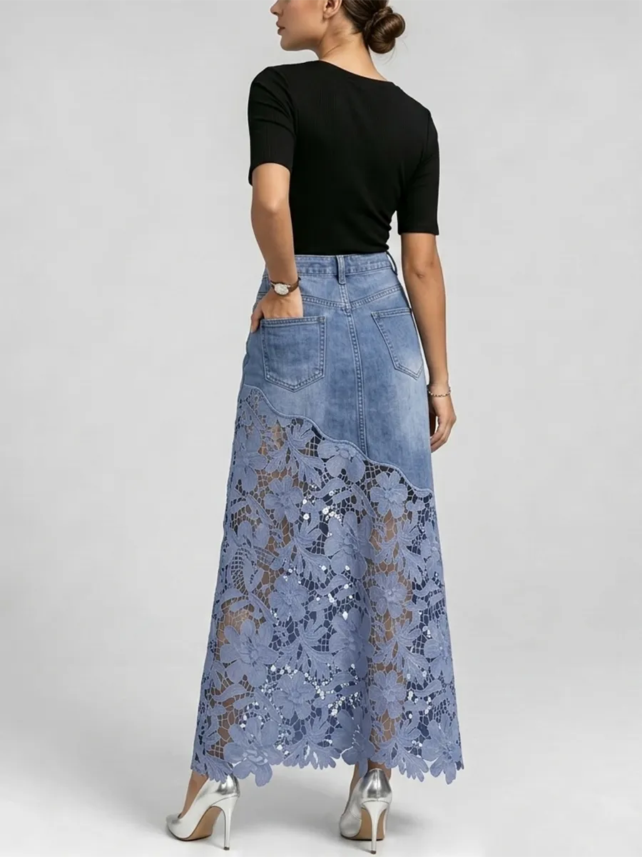 Elegant & Sexy Denim Skirt With Floral Lace Hem