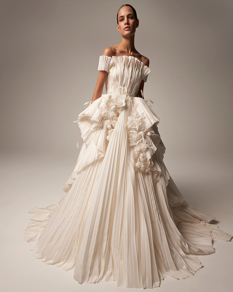 CALLA Off-Shoulder Embellished Plisse Taffeta Bridal Gown