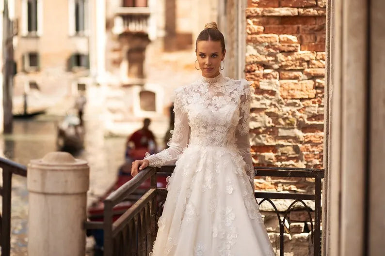 A-line wedding dress 5411,Cathedral wedding dress,3D lace wedding dress,Long sleeves wedding dress, High neck wedding dress