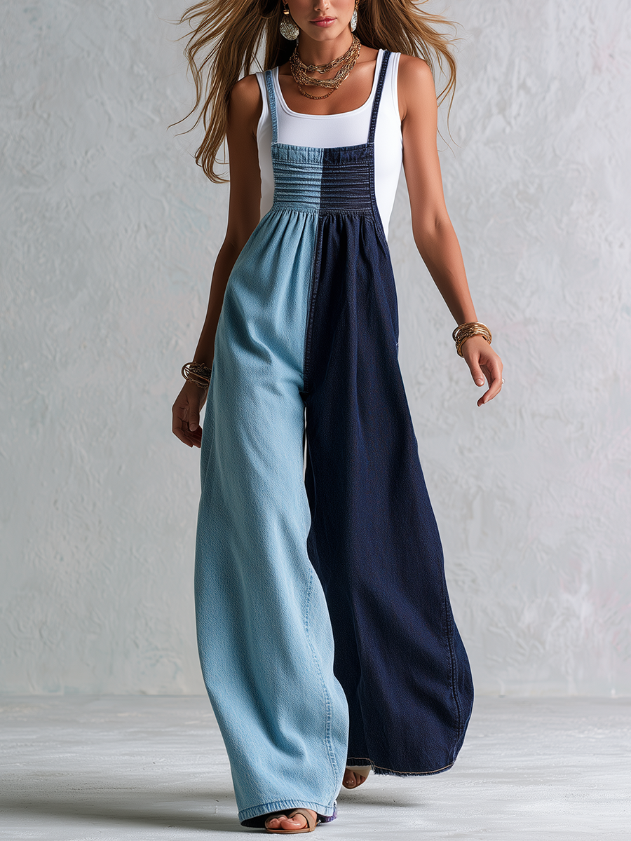 Modern Blue Color Block Denim Wide Leg Jumpsuit
