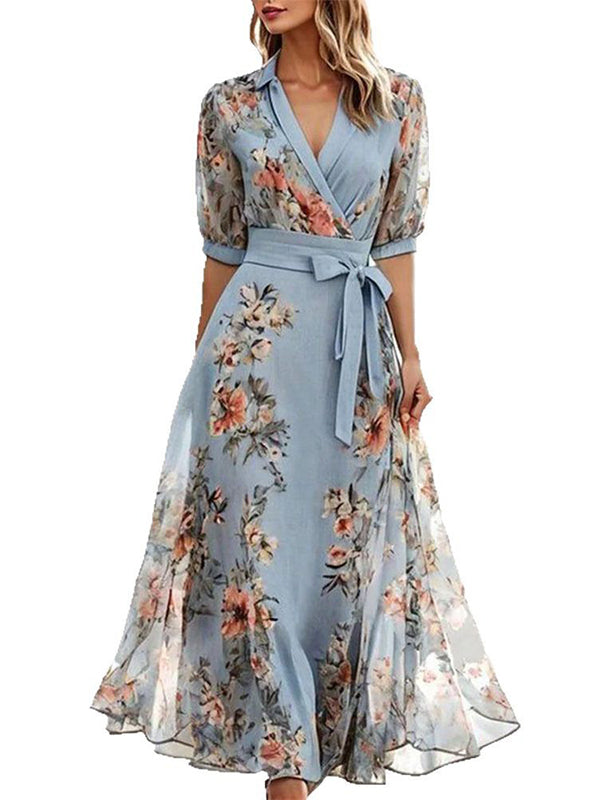 Flower Printed Ruffled Half Sleeves Elegant Maxi Dresses