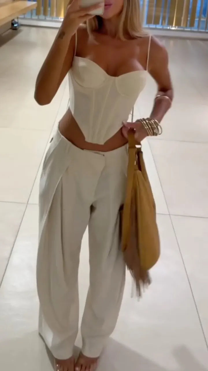 Beige Corset Cami Top and Wide Leg Pants Setts Setet