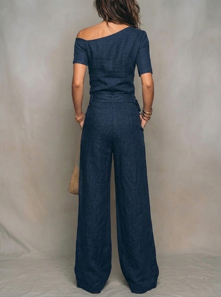 Women's Linen One-shoulder Jumpsuit With Wide-leg Pants
